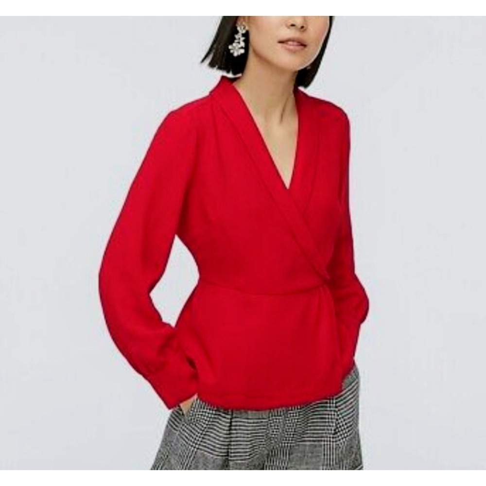 J. Crew Red Faux Wrap Blouse Peplum Long Sleeve Top Small Holiday Career Office
